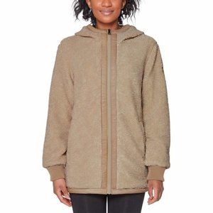 1 MADISON Women Fuzzy Jacket Hooded--Latte/Khaki